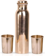 Copper Water Bottle With 2 Water Galsses- Copper Bottle for Drinking Water - 100% Copper Water Bottle - Home Essentials for New Home - Ayurvedic Pure Copper Vessel for Drinking Healthy Water