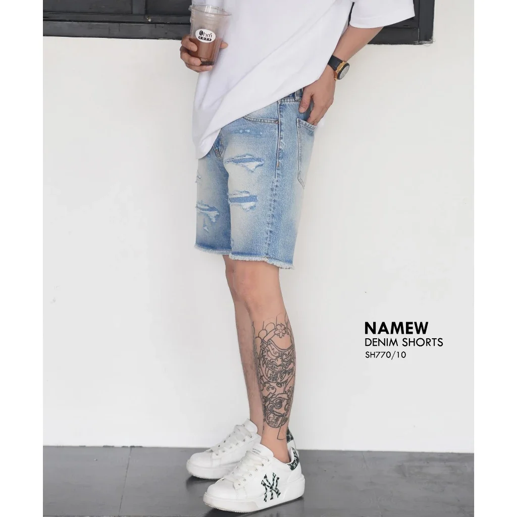 NAMEW กางเกงยีนส์ขาสั้นผู้ชาย สไตล์งานแบรนด์ SH770/10