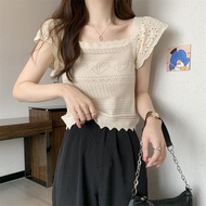 Women's T-Shirt Crop Top Knitted Square Neck Short Sleeves Korean Style Thin Ice Silk Shirt 75369