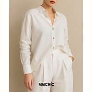MMCHIC V-neck Linen Shirt (White)