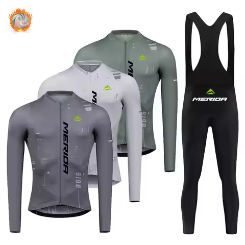 Merida 2025 Winter Cycling Sets Men Long Sleeve Jerseys Thermal Bicycle Clothing Bib Pants MTB Maill