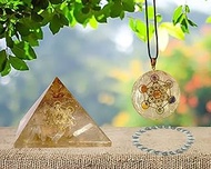 Selenite Crystal Orgone Stone Pyramid with Metatron Cube Merkaba Symbol, Stone Bracelet & 7 Chakra C