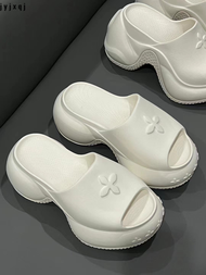 Jyjxqj ลายขวางดอกไม้ตั้งโต๊ะพื้นหนารองเท้าแตะสำหรับผู้หญิงชายหาดรองเท้าส้นสูง SMFK ขัดทรายฤดูร้อน