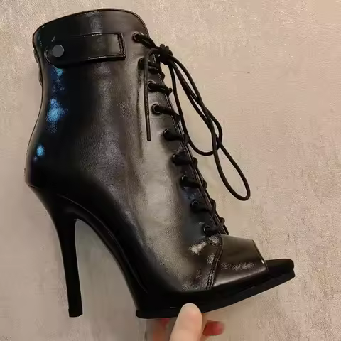 9.5cm 11cm Platform Heels Pump Dance Booties Black PU leather Real Leather Dance Heels Stable Latin 