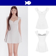 DKMV short 2-strap ruffled Dress with bustier shape and graceful flared skirt form with fish logo at