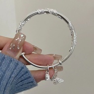 925 Silver Lucky Beads Charm Butterfly Flower Cuff Bracelet Women Adjustable Bangle