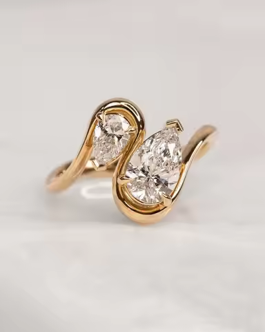 14K Solid Gold S-Shaped Double Stone Diamond Ring, Lab-Grown Diamond IGI 1CT Pear-Shaped Double Diam