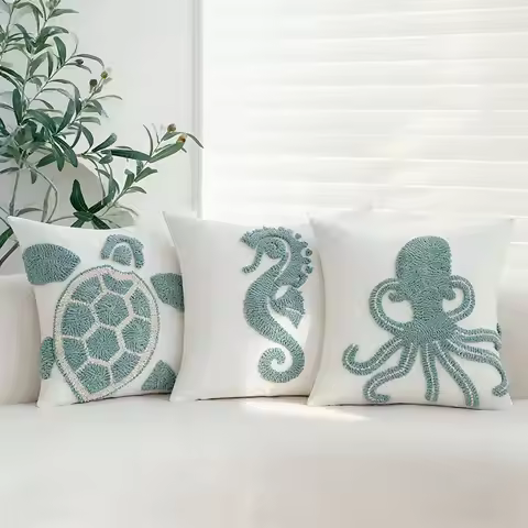 Tufted Sea Animal Throw Pillow Covers 18x18 Inch, Canvas Decorative Cushion Cases For Couch Sofa Bed
