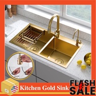 (Full Set) SUS304 Gold Kitchen Sink Double Handmade Nano Stainless Steel Seamless Welding Sink Faucet Sinki Dapur Paip