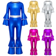 ShyLizee Girls Shiny Metallic 70s 80s Disco Costume Long Sleeves High Waist Tiered Flared Jumpsuit D