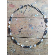 Moon necklace mixed with yellow opal, real pearl, Japanese stone