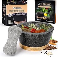 Tortillada – 6-inch Mortar and Pestle Set Large Made of Natural Granite with Anti-Scratch Wood Base Granite Spice Herb Grinder Pill Crusher with 50 Recipes, Black