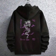 เสื้อฮู้ดเสื้อกันหนาวขนาดพิเศษสำหรับผู้ชาย แขนตก มีซับใน ลายเมฆและมังกรสีม่วง พิมพ์ข้อความภาษาอังกฤษ