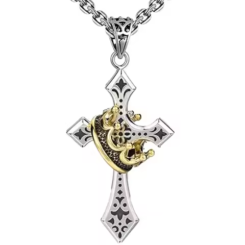 Stainless Steel Crown Cross Necklace Personalized Hiphop Necklace with Gold Crown Stylish Design Pen
