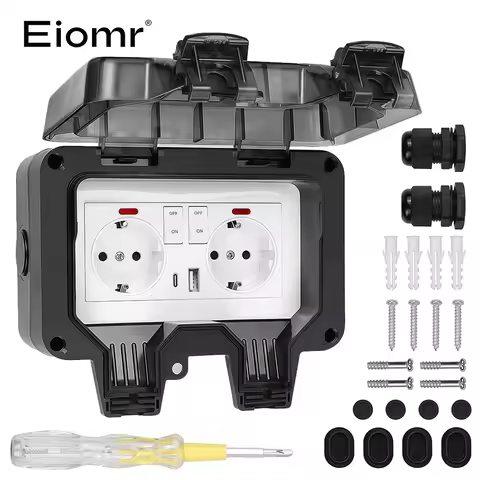 EIOMR 16A 220V IP66 Waterproof Double Socket,Black Outdoor Power Outlet with Switch,With Type C Char