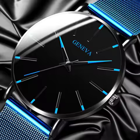 2024 Geneva Minimalist Watch Men Ultra Thin Blue Stainless Steel Mesh Belt Watches Man Business Casu