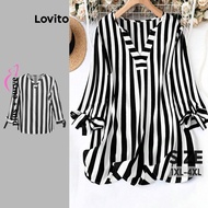 Lovito Plus Size Curve Casual Striped Lace Up Blouse for Women LBL19053