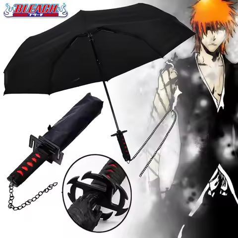 Anime Bleach Katana Umbrella Folding UV Blocking Black Parasol Kurosaki Ichigo Sword Real Size Japan