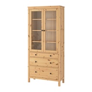 HEMNES 玻璃門櫃/3抽, 淺棕色, 90x198 公分