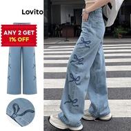 Lovito Casual Plain Embroidery Bow Pocket Jean for Women L101AD135 Lovito Celana Jeans Saku Busur Bo