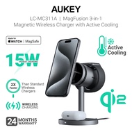 AUKEY LC-MC311A MagFusion 3-in-1 Qi2 15W Magnetic Wireless Charger MFI Certified with Active Cooling