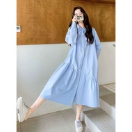 Ord- Youthful and fresh blue dress, V-neck, loose fit, women's A-line style with 4-season long-sleev