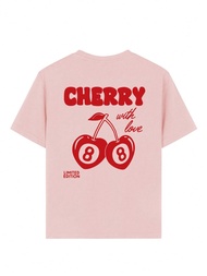 Cherry and number 8 letter print round neck T-shirt Girls summer casual all-match T-shirt breathable