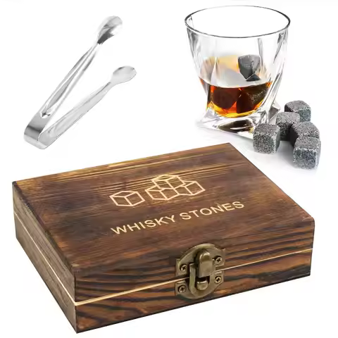 Whiskey Stones Set 9 Pcs Granite Ice Cubes For Whisky In Wooden Bottle Box Present Granite Chilling 