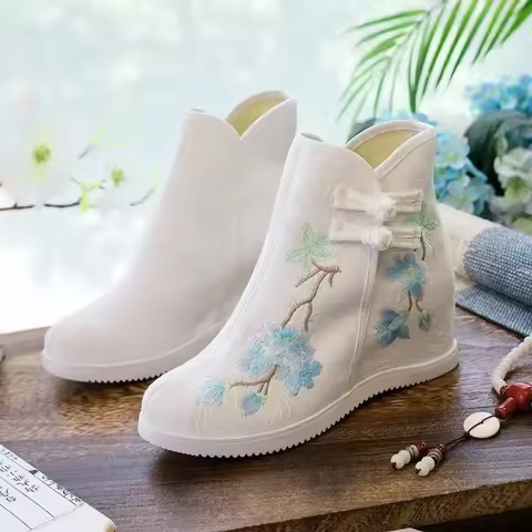 Woman Casual Shoes Vintage Canvas Lady Embroidered Zipper Shoes Chinese Style Wedge Platform Shoes H