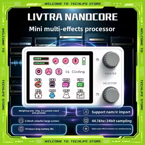 LIVTRA NANOCORE Multi-Function Guitar Pedal–126g 10H Playtime 2.4" Display NAM/IR Ready AI Drums Loo