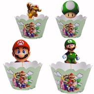 12pcs/ Kids Boys Super Mario Baby Shower Cupcake Wrappers Birthday Party Cake Toppers