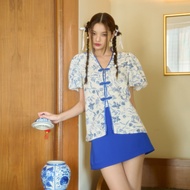 Parachuteshop - BAO BEI top เสื้อคอวี กระดุมจีน แขนพอง ผ้าพิมพ์ลายดอกไม้