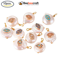 Beebeecraft 10 pc Natural Cultured Freshwater Pearl Pendants, Flat Round Evil Eye Theme Pearl Beads with Cubic Zirconia and Brass Findings Evil Eye Pendant Charms for DIY Jewelry Making, Golden