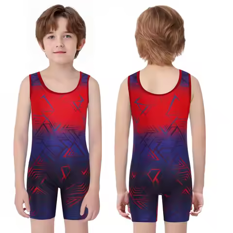 Children Boys One-piece Sports Suit Swimsuit Swimwear Geometric Printed Jumpsuit Wrestling Singlet S