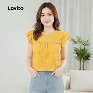 (Trendy2) Lovito Casual Plain Jacquard Lace Ruffle Spring/Summer Yellow Blouse for Women L134ED448