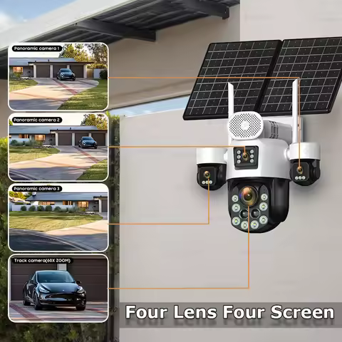 4 Lens Outdoor 360° Surveillance Solar Camera 20MP 60X Optical Zoom 4G SIM Home Security PTZ Auto Tr