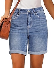 luvamia Jean Shorts for Women High Waisted Trendy Causal Summer Fold Hem Stretchy Long Denim Shorts