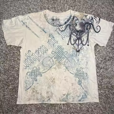 RESURGE Y2K Cyberpunk Affliction Shirt Tan Gothic Skull Chains Sword Tee Acid Wash Retro Futurism Da
