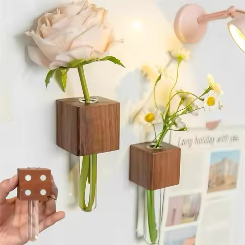 Wooden Magnetic Test Tube Vase For Fridge DIY Flower Arrangement Simulation Flower Holder Strong Kit