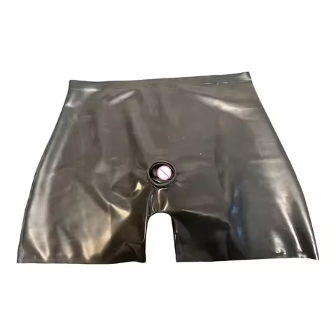 Male Latex Shorts Rubber Boxer Brief Underwear Underpants Front Edge Hole Back Condom