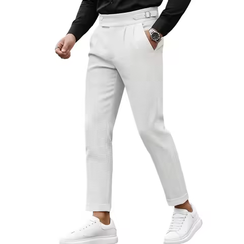 Men Waffle Knit Dress Pants Gurkha Waist Adjustable Buckle Tapered Ankle Length Cuffed Business Casu
