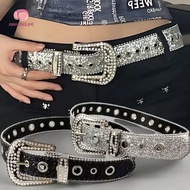 Y2K Shining Rhinestone PU Leather Belt - Punk Spicy Girl Alloy Buckle Trendy Belts - Retro Fashion A