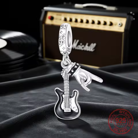 Hot Sale Rock Music Guitar Charms 925 Sterling Silver Dangle Pendant Fit Bangle Bracelet Necklace DI