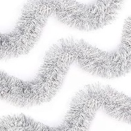Silver Christmas Tinsel Garland - 3 Pack of Metallic Tinsel Twist Garland for Christmas Tree, Wedding, Birthday and Party Hanging Decorations, Each Measures 4 inches Wide x 6.6 ft Long