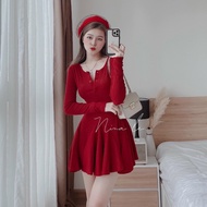 [Voucher 50k Freeship Max 0 đồng toàn quốc] Đầm thun gân tay dài cài nút đầm xòe hai mini vải thun ô