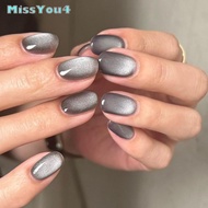 2023 Short Grey Cat Eye Nail Patch 24pcs Stiletto Almond Shape Wearable Fake Nails Patch Press On Reusable Summer High-Quality Simple