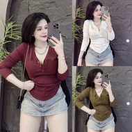 Women's Long Sleeve Slim Fit Buttoned T-Shirt (TD Plain T66)