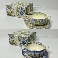 Aesthetic Ceramic Cup with Plate – Floral Yellow Blue Classic Blue/