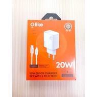 OLIKE CHARGER C402CL CHARGER ADAPTOR 20W 3A DUAL PORT OUTPUT USB TYPE C WITH TYPE C CABLE