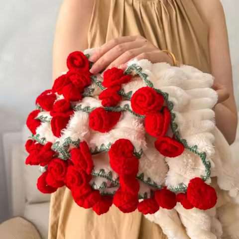 Flannel Rose Bouquet Blanket Crocheted Flower Bouquet Blanket Home Office Sofa Throw Blankets Cover 